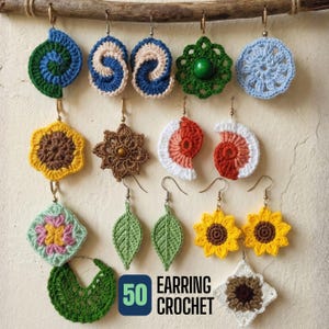 May include: A collection of 14 handmade crochet earrings in various designs and colors, including spirals, flowers, leaves, and geometric shapes. The earrings are suspended from a wooden branch. The text "50 EARRING CROCHET" is visible.