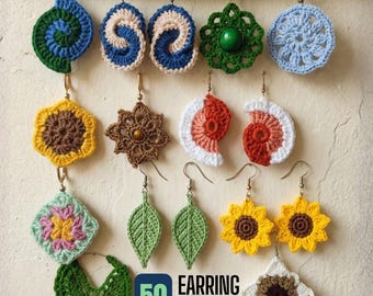 50 Crochet Earring Patterns Bundle PDF | Boho Floral Leaf Sunflower Spiral Earrings