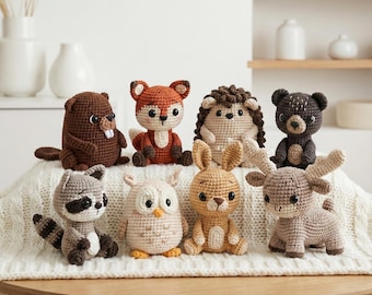 Paquete de patrones de crochet 8 en 1 de animales del bosque: Zorro, erizo, oso, mapache, búho, conejo, alce, castor / PDF