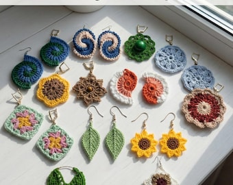 50+ Crochet Earring Patterns Bundle PDF | Floral Leaf Sunflower Spiral Boho Earrings