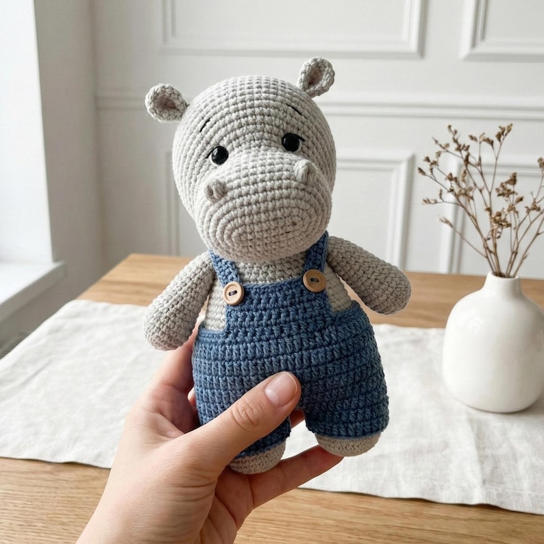 ALT TEXT (5)
1) Crochet hippo doll with beige yarn body and black safety eyes, wearing green overalls with two wooden-style buttons, held in hands.
2) Close-up of amigurumi hippo face showing rounded snout shaping, tiny ears, and glossy safety eyes.
3) Front view of crochet hippo plush in green overalls, showing strap details and button accents on the chest.
4) Nursery-style photo of the crocheted hippo toy held in hands with cozy neutral decor, wooden toys, and dried florals in the background.