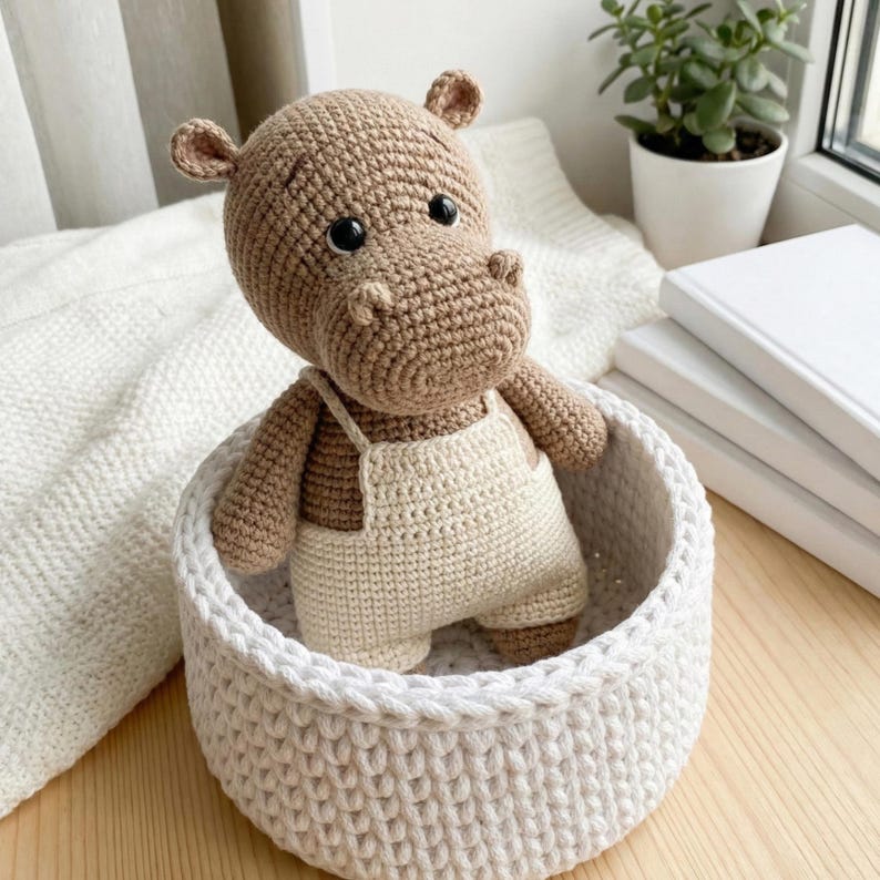 May include: A crocheted hippo toy in a white basket. The hippo is light brown with black eyes and wears cream-colored overalls. The basket is round and has a textured, woven appearance. A plant in a white pot and white books are in the background.