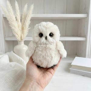 Può includere: Un gufo di peluche bianco con grandi occhi scuri e una consistenza soffice. Il gufo ha un corpo rotondo e piccole ali. Questo gufo fatto a mano è adatto per una cameretta o come oggetto decorativo.
