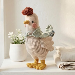 Könnte beinhalten: Handgefertigte Häkel-Hühnerfigur in weichem Beige, mit rostfarbenem Kamm, gelbem Schnabel und Füßen sowie einem hellgrünen Schal. Das Huhn hat rosa Wangen und schwarze Augen. Die Flügel sind hellbeige mit einem Muster.