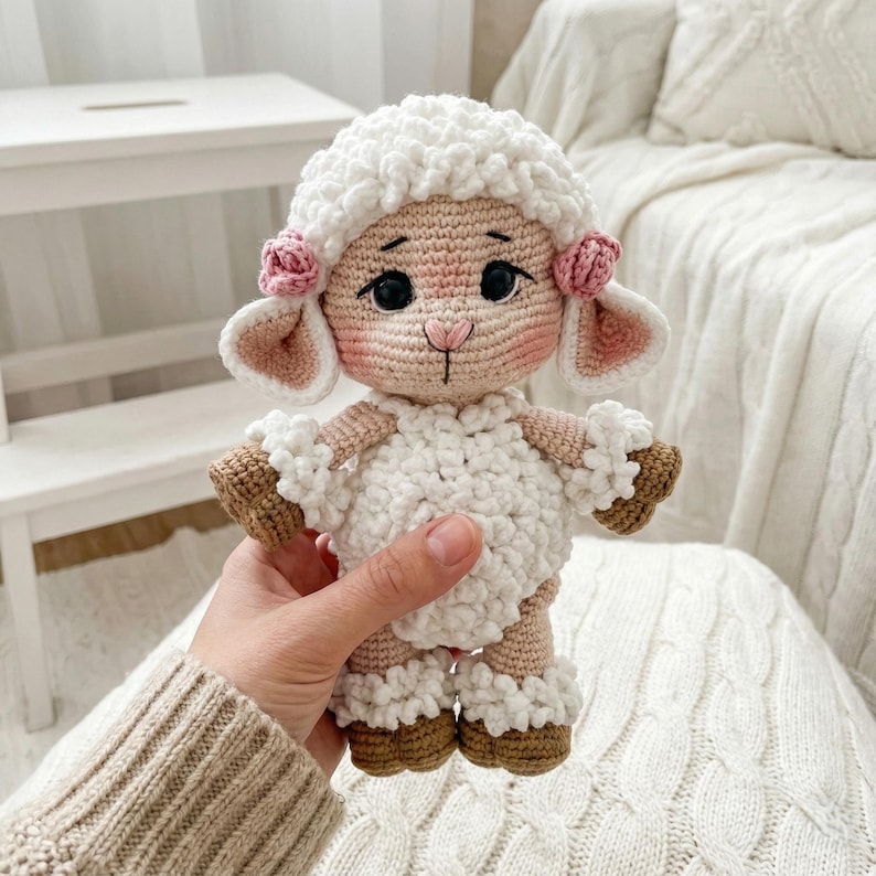 1) Crochet lamb doll with curly white fleece and brown hooves held in two hands
2) Front view of amigurumi sheep showing floppy ears, safety eyes, and stitched smile detail
3) Close-up of crochet lamb face with pink cheeks, small nose, and flower accents by the ears
4) Detail of lamb body showing textured bobble fleece and ruffled cuffs on arms and legs
5) Handmade crochet sheep plush photographed in a cozy neutral nursery setting with soft blanket background