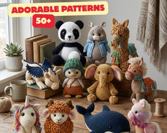 Pacote com mais de 50 padrões de crochê, incluindo padrões em PDF para amigurumi, bichinhos de pelúcia e bonecas, com fotos passo a passo.