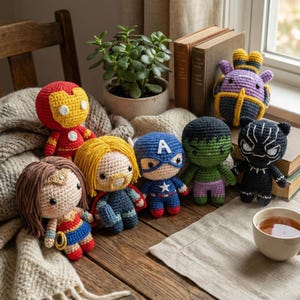Könnte beinhalten: Eine Sammlung handgefertigter gehäkelter Superhelden-Puppen, darunter Iron Man, Thor, Captain America, Hulk, Black Panther, Wonder Woman und Thanos. Jede Puppe hat unterschiedliche Farben und Details, auf einer Holzoberfläche mit einer Tasse Tee.