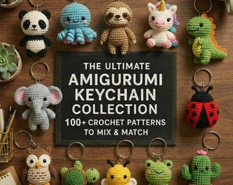 アミグルミキーホルダーパターンバンドル、100種類以上のかぎ針編みキーホルダー動物、ミニぬいぐるみチャームの組み合わせ