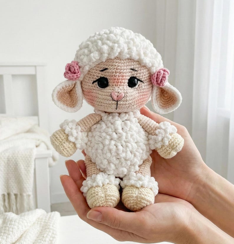 1) Crochet lamb doll with curly white fleece and brown hooves held in two hands
2) Front view of amigurumi sheep showing floppy ears, safety eyes, and stitched smile detail
3) Close-up of crochet lamb face with pink cheeks, small nose, and flower accents by the ears
4) Detail of lamb body showing textured bobble fleece and ruffled cuffs on arms and legs
5) Handmade crochet sheep plush photographed in a cozy neutral nursery setting with soft blanket background