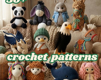 Pacote com mais de 50 padrões de crochê, incluindo padrões em PDF para amigurumi, bichinhos de pelúcia e bonecas. Grande coleção de padrões.