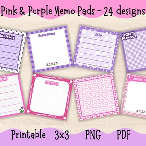 Op de afbeelding: Een verzameling roze en paarse memoblokken met diverse ontwerpen. De blokken bevatten teksten als "Prioriteiten" en "Brain Dump". Elk blok is 7,62 cm x 7,62 cm groot en heeft unieke randen en lay-outs, met bloemen- en hartpatronen.
