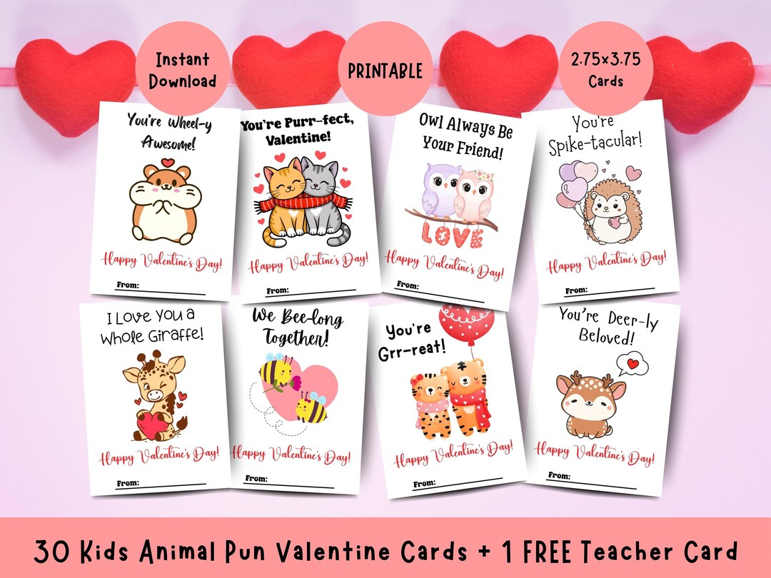 Printable Valentine Cards for Kids, Animal Pun Valentines Cards