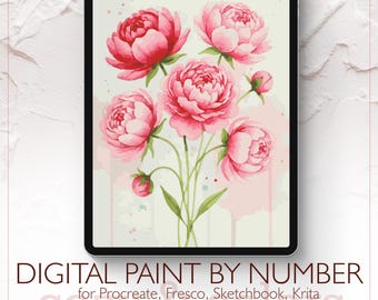 Peonie ad acquerello - Kit di pittura digitale con i numeri per Procreate - Download digitale - Istantaneo