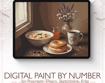 May include: A digital paint-by-number image on a tablet, depicting a breakfast scene. It includes a bowl of oatmeal with bananas, a bagel, a cup of coffee, and a vase of flowers. The text reads "DIGITAL PAINT BY NUMBER".
