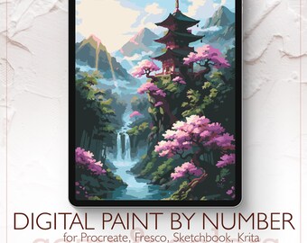 Oriental Temple Landscape - Digital Paint by Number Kit for Procreate - Digital download - Instant