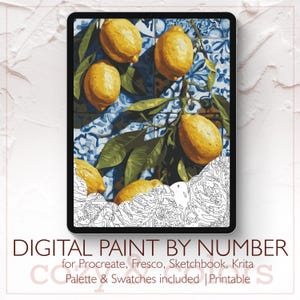 May include: Digital paint by number artwork on a tablet, featuring lemons on a branch against a blue and white tile background. The image includes the text "DIGITAL PAINT BY NUMBER" and "Palette & Swatches included | Printable".