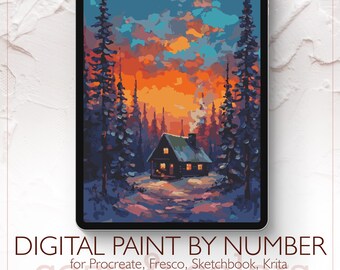 Winter Forest Cabin - Digital Paint by Number Kit for Procreate - Digital download - Instant