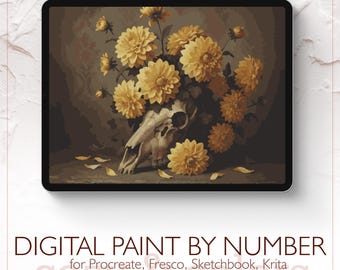 Horse Skull and Dahlias - Digital Paint by Number Kit for Procreate - Digital download - Instant