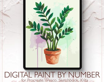 Acquerello Zamioculcas - Kit di pittura digitale con i numeri per Procreate - Download digitale - Istantaneo