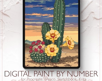 Flowery Cactus - Digital Paint by Number Kit for Procreate - Digital download - Instant