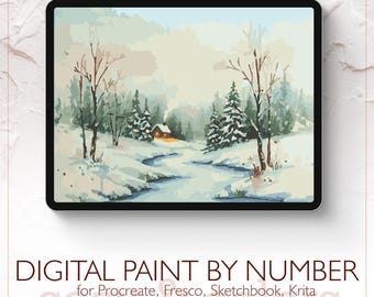 Winter Cabin - Digital Paint by Number Kit for Procreate - Digital download - Instant