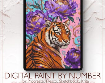 Tiger and Peonies - Digital Paint by Number Kit for Procreate - Digital download - Instant