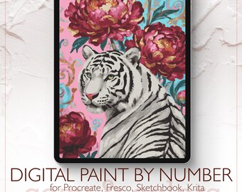 White Tiger and Peonies - Digital Paint by Number Kit for Procreate - Digital download - Instant