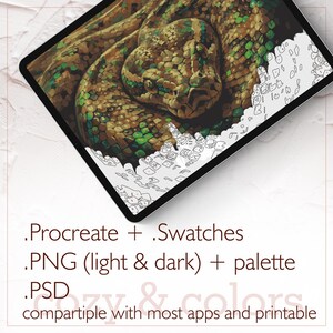 May include: A digital artwork of a snake displayed on a tablet. The snake features a colour palette of browns, greens, and yellows. The image includes text that reads ".Procreate + .Swatches .PNG (light & dark) + palette .PSD compatible with most apps and printable."