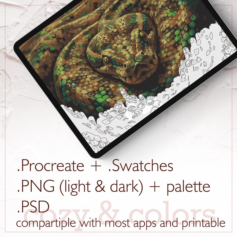 May include: A digital artwork of a snake displayed on a tablet. The snake features a colour palette of browns, greens, and yellows. The image includes text that reads ".Procreate + .Swatches .PNG (light & dark) + palette .PSD compatible with most apps and printable."