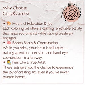 May include: An advertisement for Cozy & Colors, with text on a textured backdrop. The text describes the advantages of colouring sets, such as relaxation, focus, and artistic expression. A logo with a palette and brush is in the top right corner.