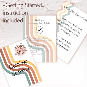 May include: Instructional guides from Cozy & Color, featuring a palette and paint brush logo. The guides include text such as "Getting Started" and "Thank you for choosing Cozy & Color!" The guides have a retro colour scheme.