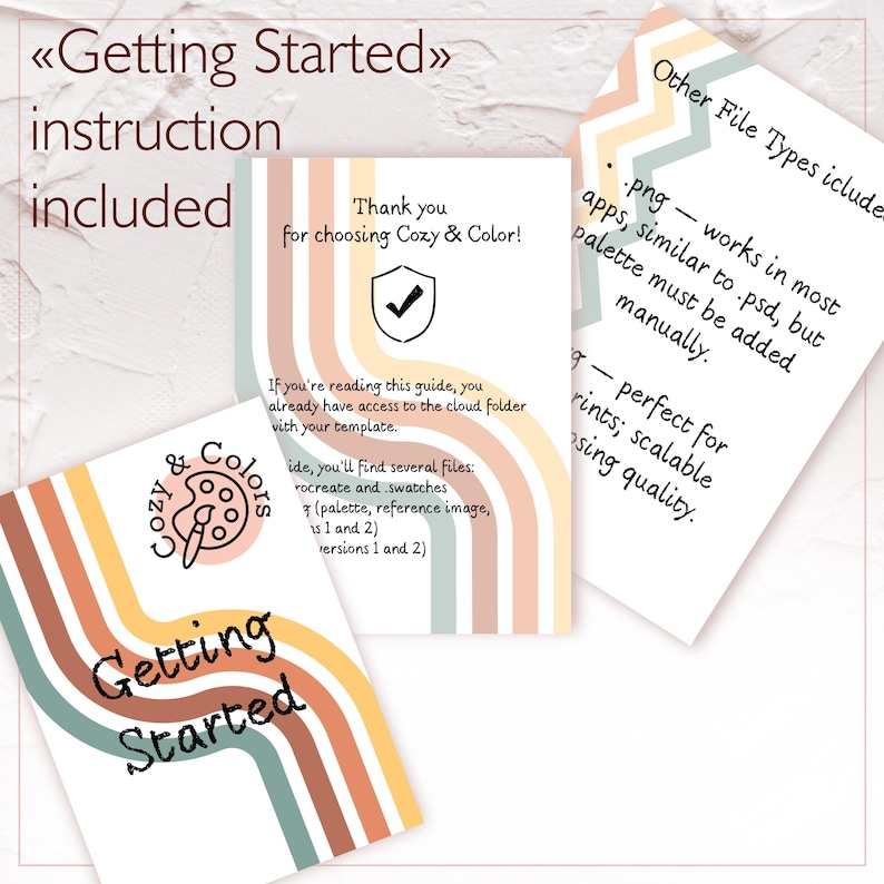 May include: Instructional guides from Cozy & Color, featuring a palette and paint brush logo. The guides include text such as "Getting Started" and "Thank you for choosing Cozy & Color!" The guides have a retro colour scheme.