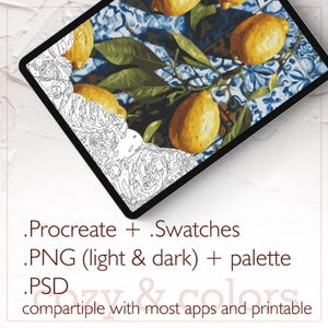 May include: A digital art file on a tablet featuring a lemon painting. The image includes the text ".Procreate + .Swatches", ".PNG (light & dark) + palette", ".PSD", and "compartible with most apps and printable". The artwork shows yellow lemons and green leaves.