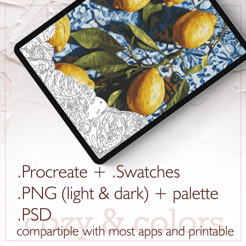 May include: A digital art file on a tablet featuring a lemon painting. The image includes the text ".Procreate + .Swatches", ".PNG (light & dark) + palette", ".PSD", and "compartible with most apps and printable". The artwork shows yellow lemons and green leaves.