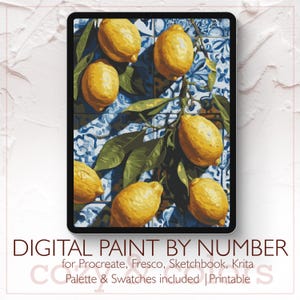 May include: Digital paint-by-number image on a tablet featuring yellow lemons with green leaves against a blue and white tile background. The text "DIGITAL PAINT BY NUMBER" is at the bottom, with additional text below.