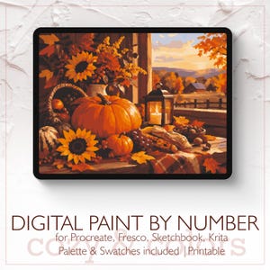 May include: A digital paint by number illustration on a tablet screen featuring a fall harvest scene with pumpkins, sunflowers, a lit lantern, and autumn foliage. Text below reads: DIGITAL PAINT BY NUMBER for Procreate, Fresco, Sketchbook, Krita.