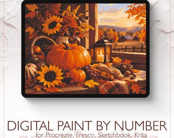 May include: A digital paint by number illustration on a tablet screen featuring a fall harvest scene with pumpkins, sunflowers, a lit lantern, and autumn foliage. Text below reads: DIGITAL PAINT BY NUMBER for Procreate, Fresco, Sketchbook, Krita.