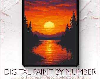 Forest River Sunset - Digital Paint by Number Kit for Procreate - Digital download - Instant