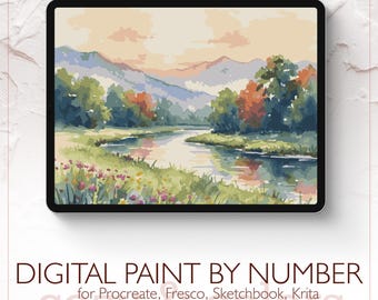 Forest River Landscape - Digital Paint by Number Kit for Procreate - Digital download - Instant