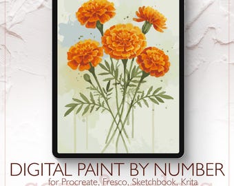 Marigolds acquerellati - Kit di pittura digitale con i numeri per Procreate - Download digitale - Istantaneo