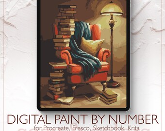 May include: Digital paint by number image of a cozy reading nook. A red armchair is draped with a blue blanket and a yellow pillow. A stack of books is next to the chair, with a floor lamp providing soft light. The text reads "DIGITAL PAINT BY NUMBER".