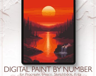 Red Sunset - Digital Paint by Number Kit for Procreate - Digital download - Instant