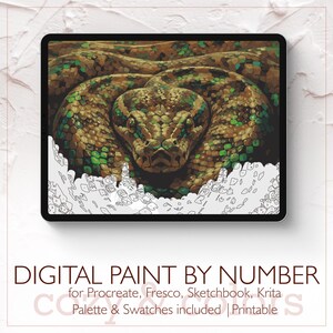 May include: A digital paint-by-number image of a snake on a tablet. The snake is brown, green, and tan with detailed scales. The tablet is on a white background with the text "DIGITAL PAINT BY NUMBER" and "Palette & Swatches included | Printable".