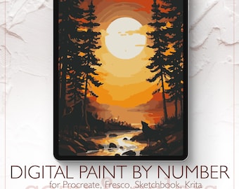 Sunset Wolves - Digital Paint by Number Kit for Procreate - Digital download - Instant