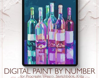 Botellas de vino - Kit de pintura digital por números para Procreate - Descarga digital - Instantánea
