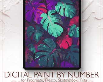Vibrant Monstera Leaves - Digital Paint by Number Kit for Procreate - Digital download - Instant