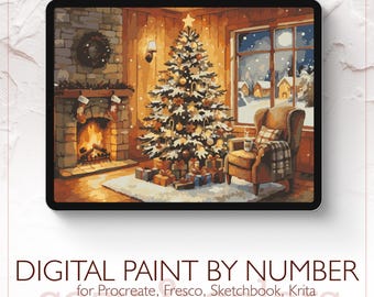 May include: Digital paint by number image of a cozy Christmas scene. A decorated tree stands in front of a window with a snowy view. A fireplace, armchair, and gifts complete the warm interior. Text reads "DIGITAL PAINT BY NUMBER" and "Palette & Swatches included | Printable".
