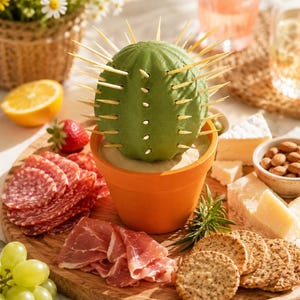 May include: A green, spherical, textured cactus-shaped food holder made of plastic, featuring numerous wooden toothpicks inserted into its surface, sitting inside a small, orange, terracotta-coloured pot on a wooden serving board.