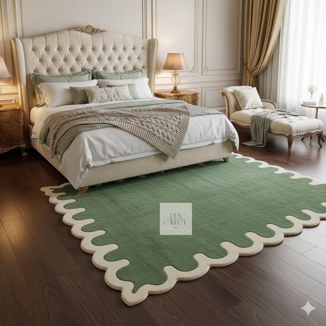 Preppy Rug Designs Scalloped Edge Green Rug, Wavy Border Wool Area Rug, Preppy Aesthetic ...