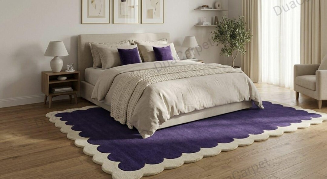 Hand Tufted Scalloped Rug, Purple Cream Modern Rug, Unique Shape Area ...